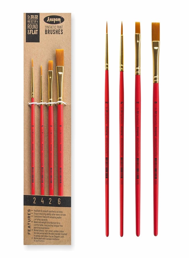 Anupam Round and Flat Synthetic Mix Painting Brush Set of 4pc Short Handle Painting Brush for Watercolor,Acrylic & One Stroke Painting (Sr. 31 & 32) - Image 1